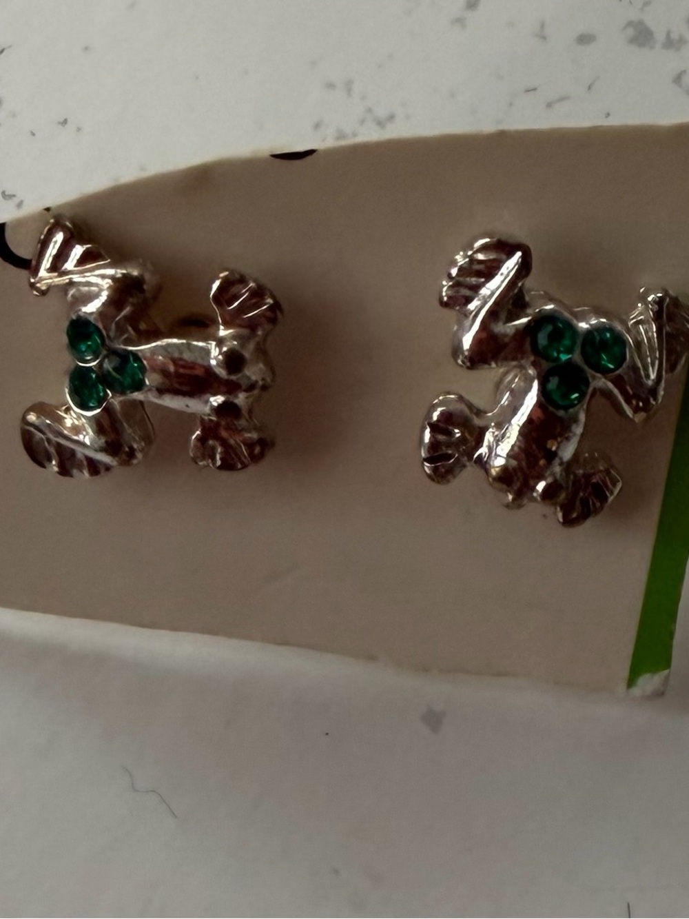 Silver Frog Stud Earrings with Green Gem Details - Kids Accessories